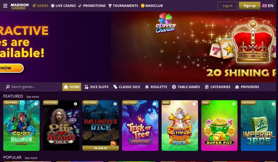 Madison Casino startpagina screenshot