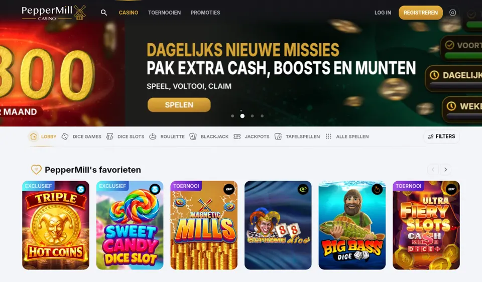 PepperMill Casino startpagina screenshot